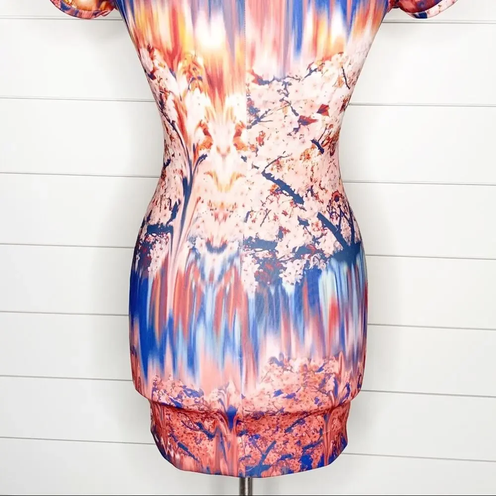 ZARA Collection Cherry Blossom Sheath Dress Pink Blue Size Small - Picture 9 of 9